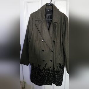 Banana Republic Olive Pea Coat with Black Velvet Floral Pattern
